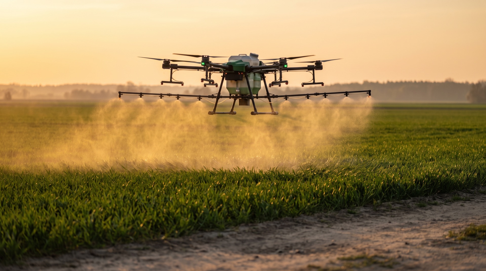 Dron rolniczy DJI Agras wykonujący oprysk nad polem pszenicy o złotej godzinie