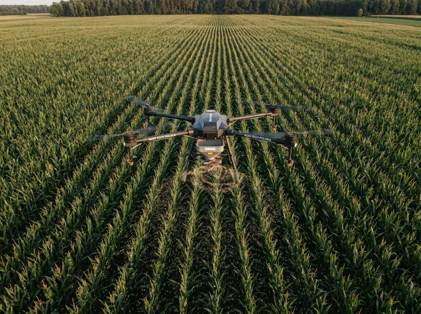 Dron rolniczy lecący nad polem kukurydzy, widok z góry